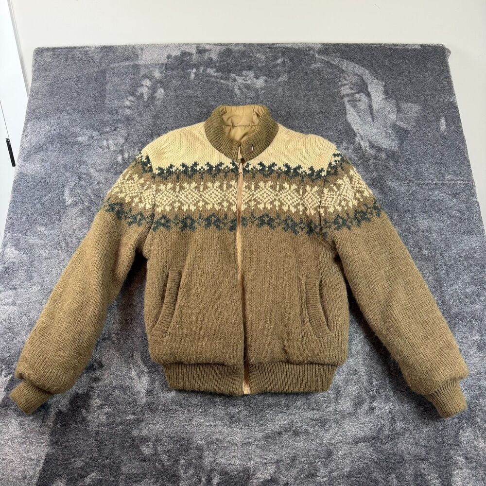 Vtg Peter England Bomber Knitted Fair Isle Jacket Lined Men's L/XL Mock Neck USA